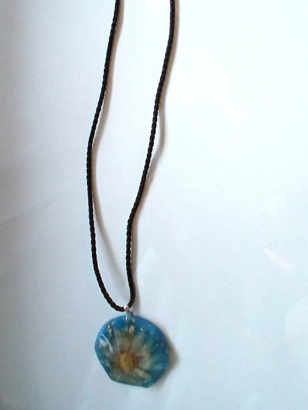 Handmade Daisy Blue Resin Pendant on Black Braided Leather Adjustable Necklace